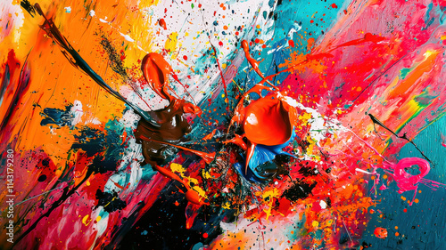 An abstract art studio filled with colorful paint splatters, canvases, and brushes, with an artist in action creating a bold masterpiece, vibrant and creative.