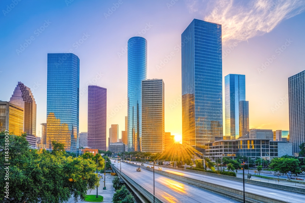 Sunset over houston skyline with modern skyscrapers and clear blue sky Sunset over houston skyline with modern skyscrapers and clear blue sky