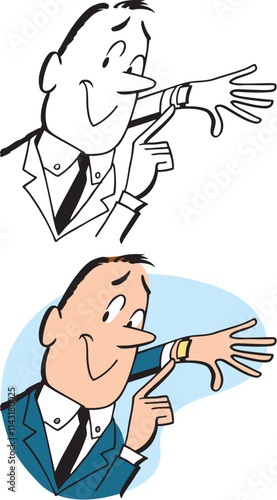 A vintage retro cartoon of a businessman pointing at his watch. 