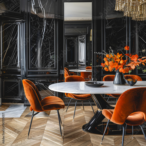 Salle à manger luxueuse avec table en marbre, murs noirs et fleurs orange dans un vase noir. photo