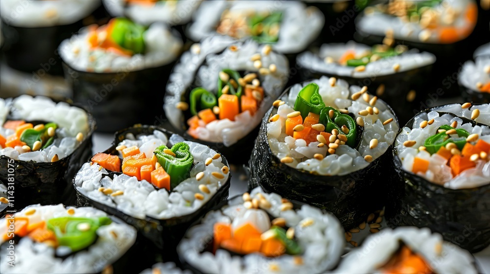 Close-up of Assorted Vegetable Sushi Rolls Garnished with Sesame Seeds Close-up of Assorted Vegetable Sushi Rolls Garnished with Sesame Seeds