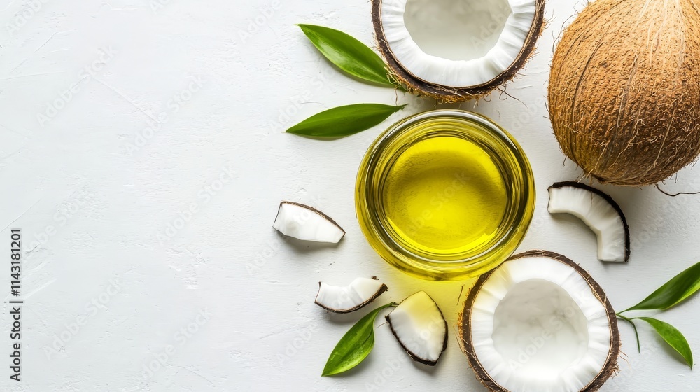 A coconut oil bottle adorned with whole and halved coconuts against a white backdrop. A coconut oil bottle adorned with whole and halved coconuts against a white backdrop.