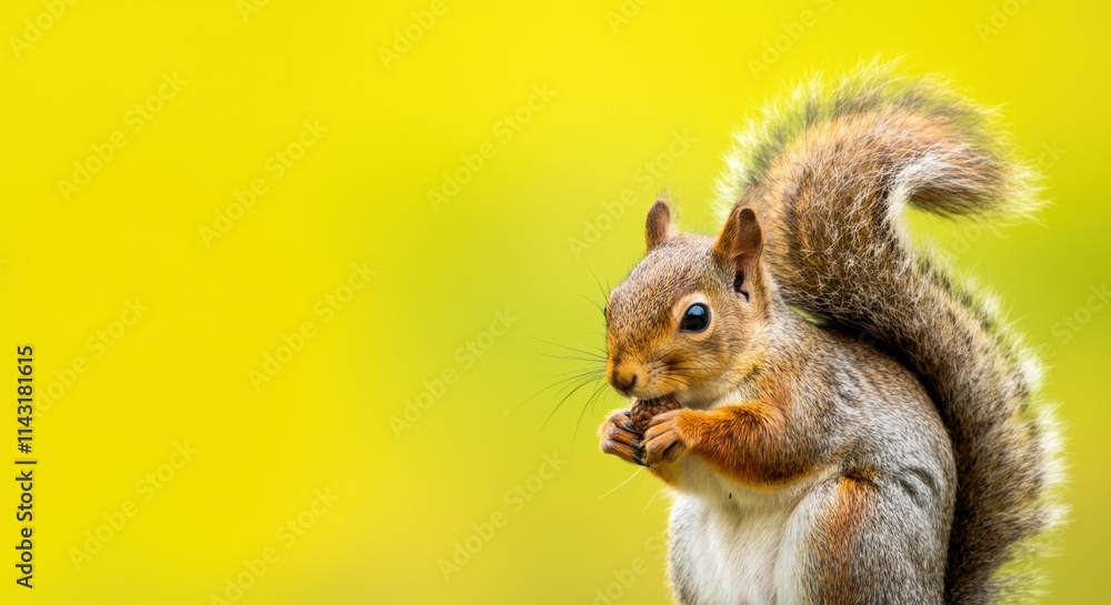 Squirrel standing upright, holding food against yellow background Squirrel standing upright, holding food against yellow background