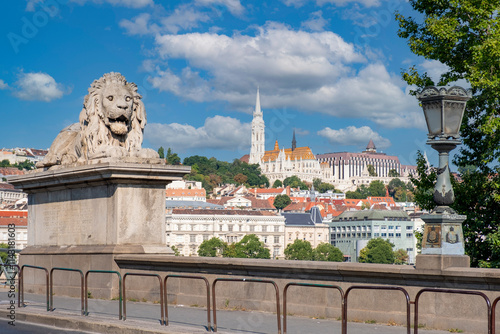View of Budapest, featuring one of the iconic lion statues on the Szechenyi Chain Bridge and the Buda Castle District in the background 