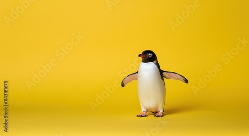 Solitary penguin stands on bright yellow background photo