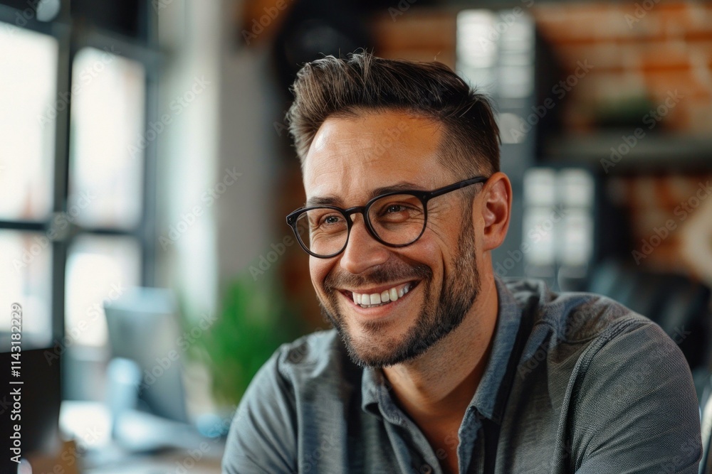 Portrait of a businessman with eyeglasses smiling while working in the office Portrait of a businessman with eyeglasses smiling while working in the office