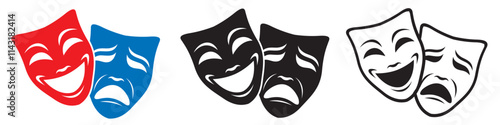 collection of comedy and tragedy theatrical masks isolated on white background