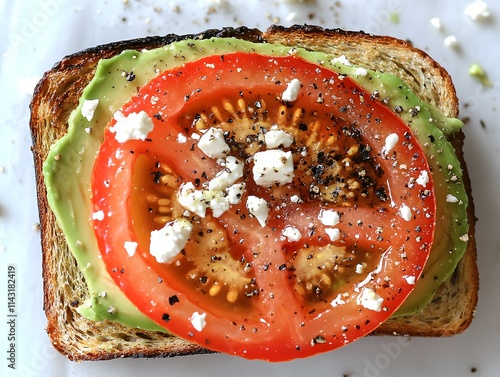 Toasted bread topped with mashed avocado, tomato slices, feta cheese, and pepper. photo