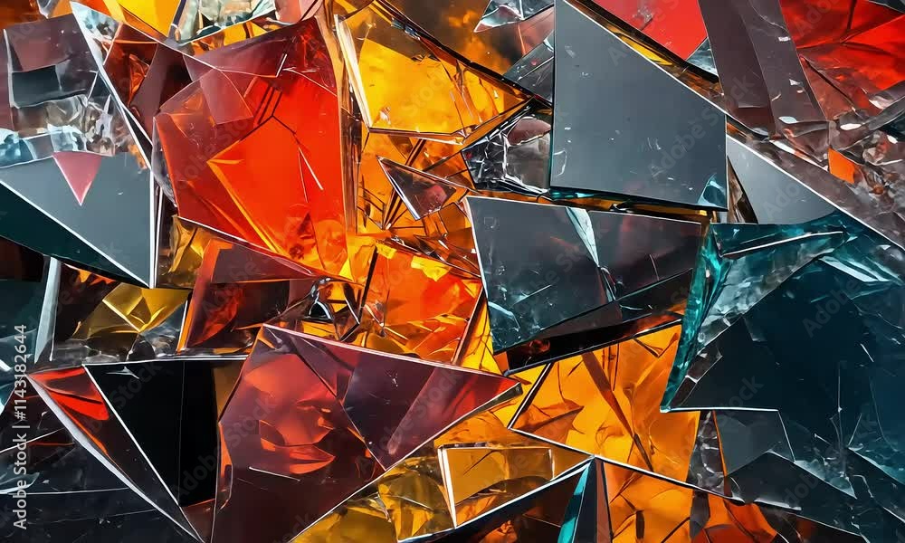Abstract close-up of colorful fractured glass pieces reflecting light in various shades of orange, red, blue, and green, creating a vibrant and dynamic visual texture with ai generated. Abstract close-up of colorful fractured glass pieces reflecting light in various shades of orange, red, blue, and green, creating a vibrant and dynamic visual texture with ai generated.