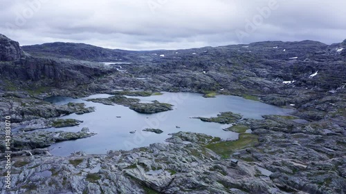 Rocky Norvegian lake severe Tundra nature with birdsyey top view Picturesque northern lakes Norwagian moody landscape aerial 4K video. Rondane National Park, Norway. photo