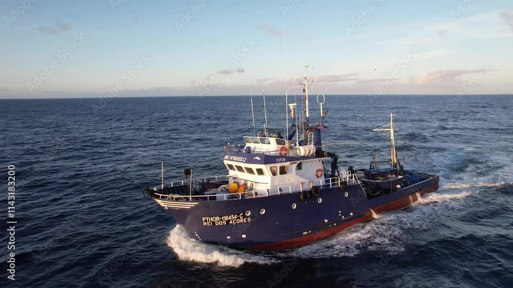Imagens de um atuneiro navegando nas águas cristalinas ao largo da Ilha do Pico, nos Açores, com a majestosa ilha ao fundo. Imagens de um atuneiro navegando nas águas cristalinas ao largo da Ilha do Pico, nos Açores, com a majestosa ilha ao fundo.