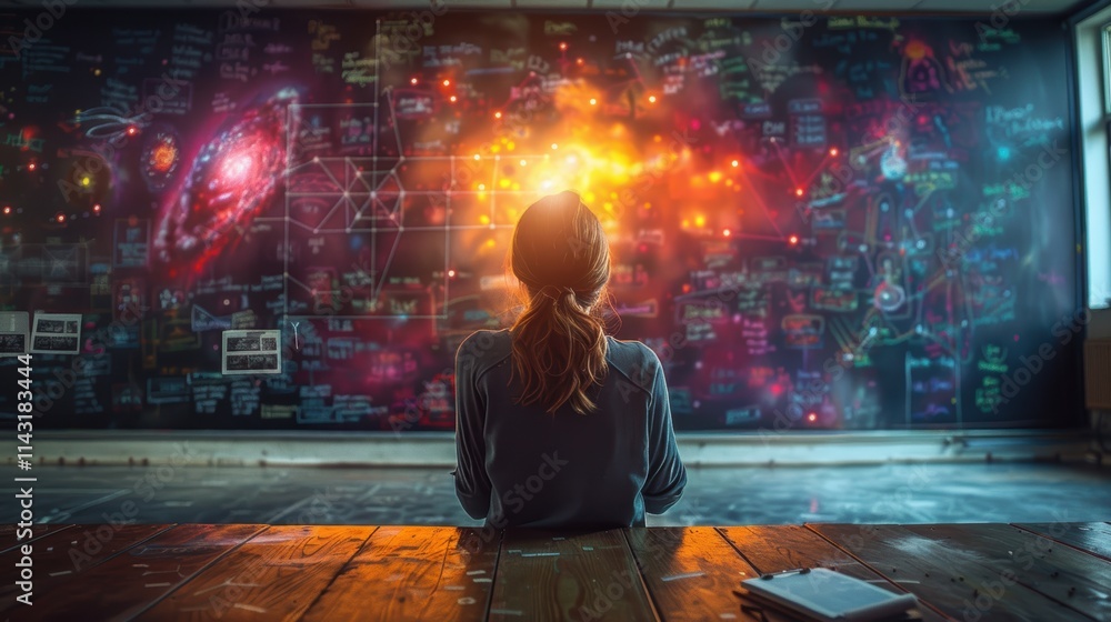 Woman immersed in a dazzling interactive augmented reality display filled with scientific diagrams, galaxy images, and dynamic light sequences Woman immersed in a dazzling interactive augmented reality display filled with scientific diagrams, galaxy images, and dynamic light sequences