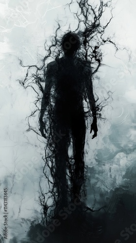 Creepy silhouette against abstract chaotic background, eerie and mysterious fantasy atmosphere