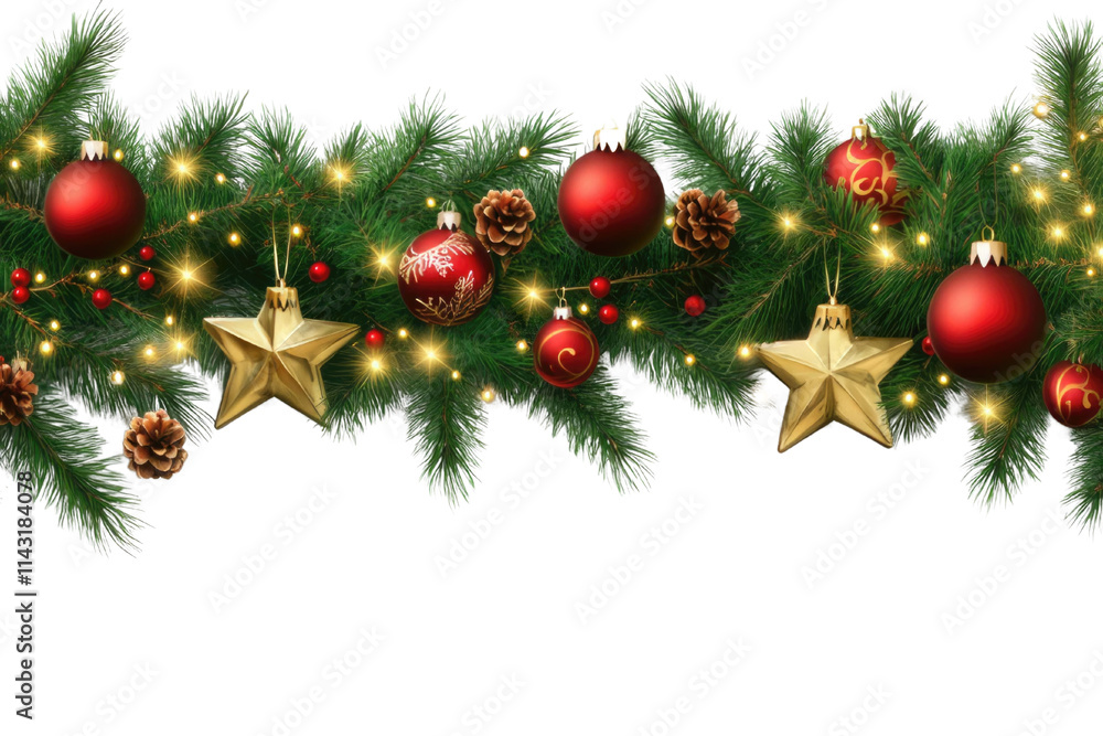 Border with green fir branches, gold stars, red balls, lights isolated on transparent background. Pine, xmas evergreen plants seamless banner. Border with green fir branches, gold stars, red balls, lights isolated on transparent background. Pine, xmas evergreen plants seamless banner.