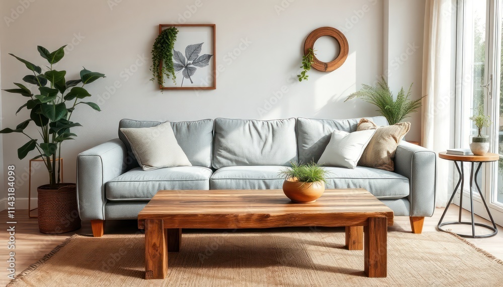 Bright living room features grey sofa, rustic wooden coffee table, natural plants. Cozy earthy tones complement textured accents. Natural light fills space creating calm, inviting atmosphere. Stylish Bright living room features grey sofa, rustic wooden coffee table, natural plants. Cozy earthy tones complement textured accents. Natural light fills space creating calm, inviting atmosphere. Stylish