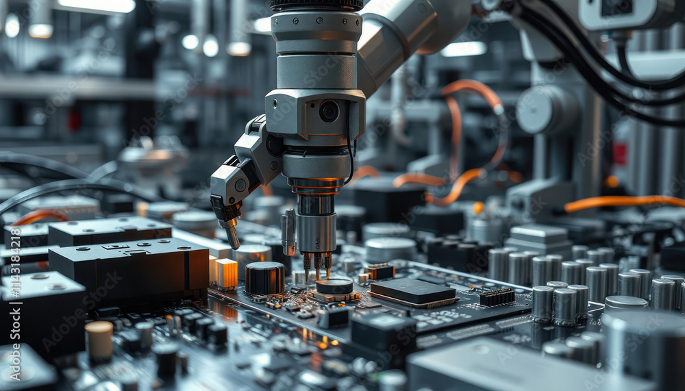Robotic arm precisely places component on electronic circuit board. Advanced tech in modern factory. High precision manufacturing process. Automated production line. Industry 4. 0. Future of work. Robotic arm precisely places component on electronic circuit board. Advanced tech in modern factory. High precision manufacturing process. Automated production line. Industry 4. 0. Future of work.