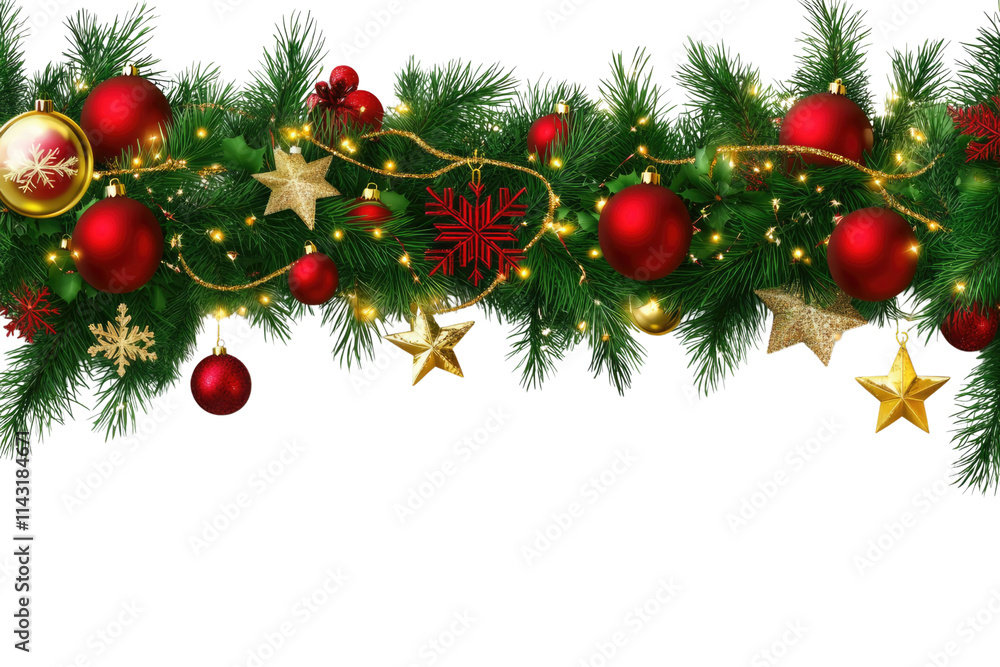 Fototapeta premium Border with green fir branches, gold stars, red balls, lights isolated on transparent background. Pine, xmas evergreen plants seamless banner.