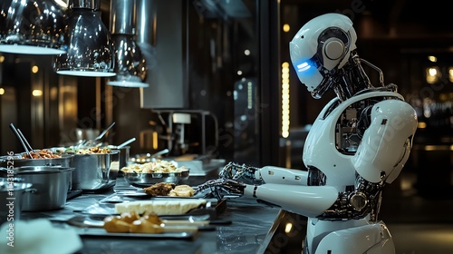 A gourmet robotic restaurant in a five-star hotel with AI chefs preparing meals. photo