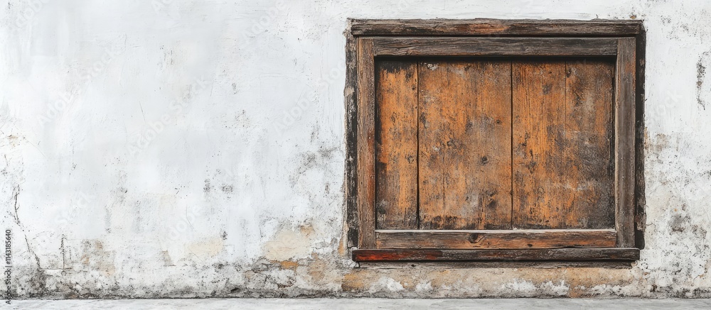 Rustic wooden window set in a white concrete wall showcasing vintage architectural design and texture details in a timeless setting Rustic wooden window set in a white concrete wall showcasing vintage architectural design and texture details in a timeless setting