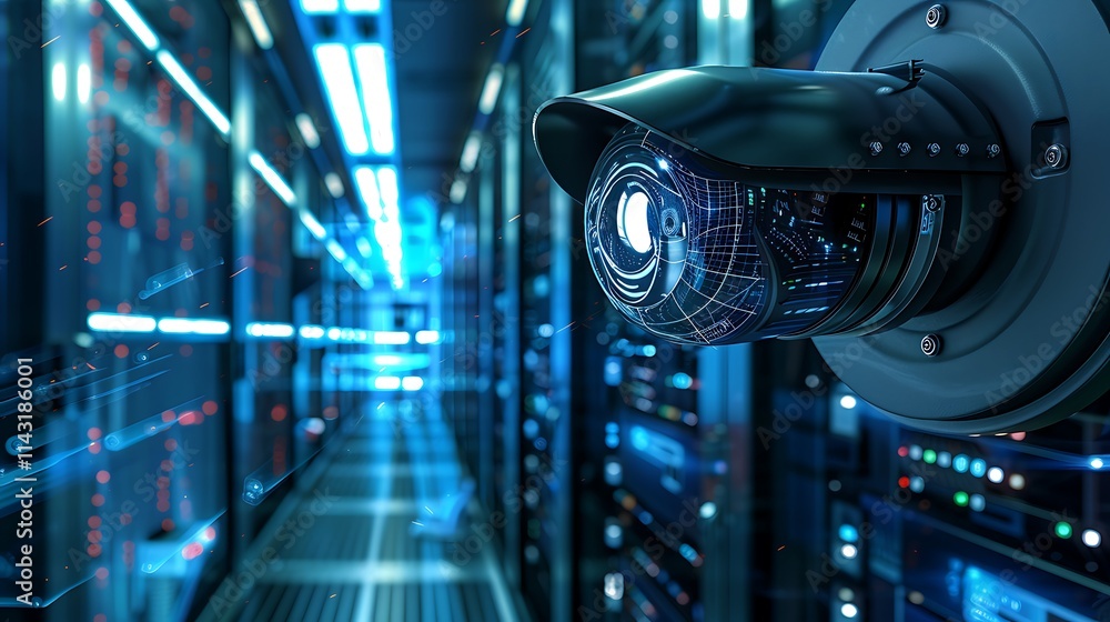 A futuristic security camera overlooking a server room filled with advanced computer equipment A futuristic security camera overlooking a server room filled with advanced computer equipment