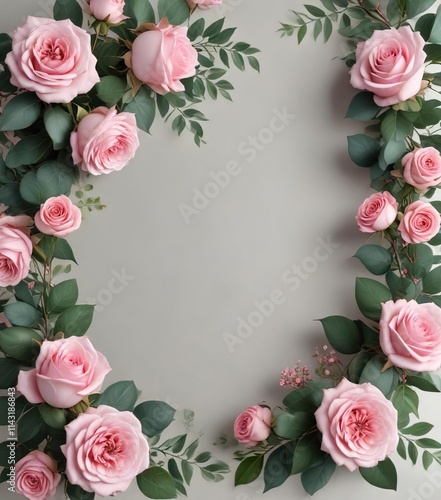 Elegant floral corner border with pink roses and eucalyptus leaves, artistic arrangement, beautiful composition, delicate touch photo