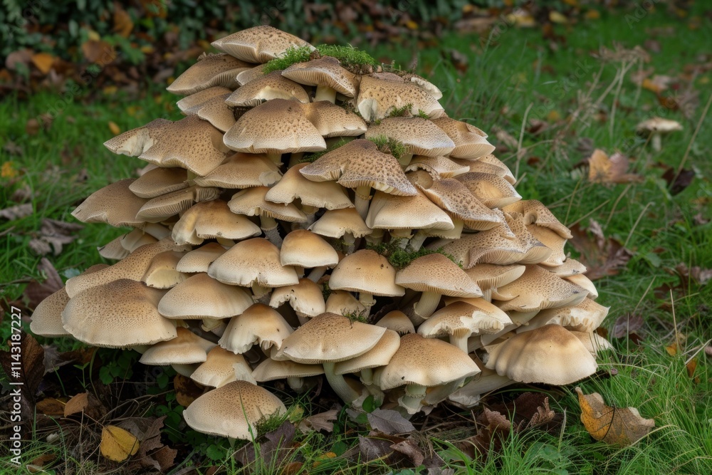 Large cluster of mushrooms is growing at the edge of a grassy area Large cluster of mushrooms is growing at the edge of a grassy area