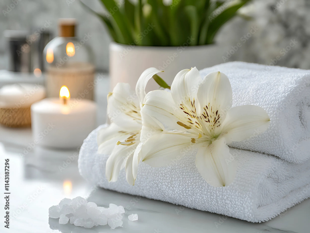 Toallas en un spa con flores y velas mostrando relajación Toallas en un spa con flores y velas mostrando relajación