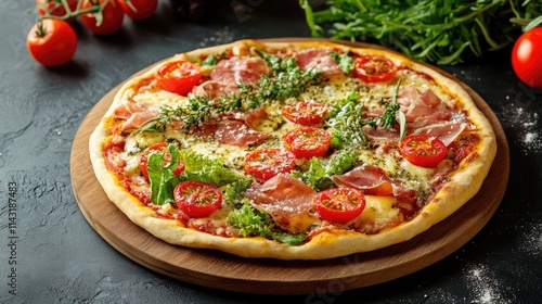 Ciabatta pizza topped with prosciutto tomatoes cheese and fresh herbs on wooden board against dark background