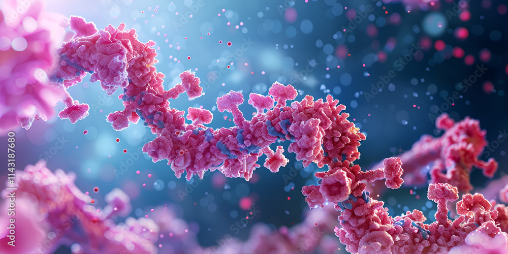 Pink molecular chain with glowing particles in an abstract biochemistry visualization, futuristic molecular design
Pink molecular chain with glowing particles in an abstract biochemistry visualization, futuristic molecular design
