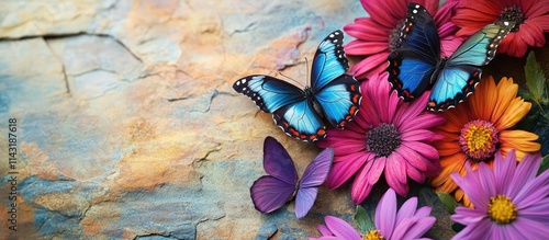 Colorful butterflies perched on bright flowers with textured sandstone background ideal for nature inspired home decor and design aesthetics photo