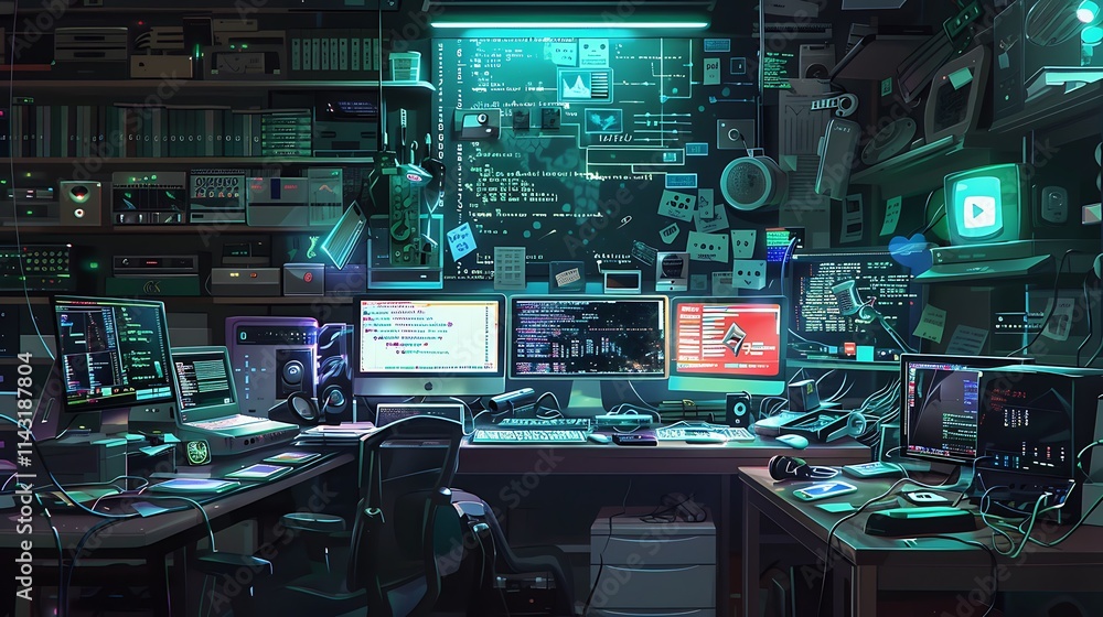 A hacker's desk cluttered with gadgets and monitors showing coded messages A hacker's desk cluttered with gadgets and monitors showing coded messages
