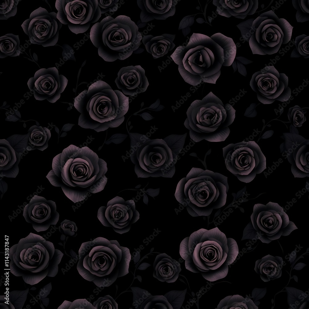 Dark Rose Seamless Pattern: An elegant and mysterious seamless pattern featuring dark roses on a black background. Perfect for adding a touch of gothic romance to your designs. Dark Rose Seamless Pattern: An elegant and mysterious seamless pattern featuring dark roses on a black background. Perfect for adding a touch of gothic romance to your designs.