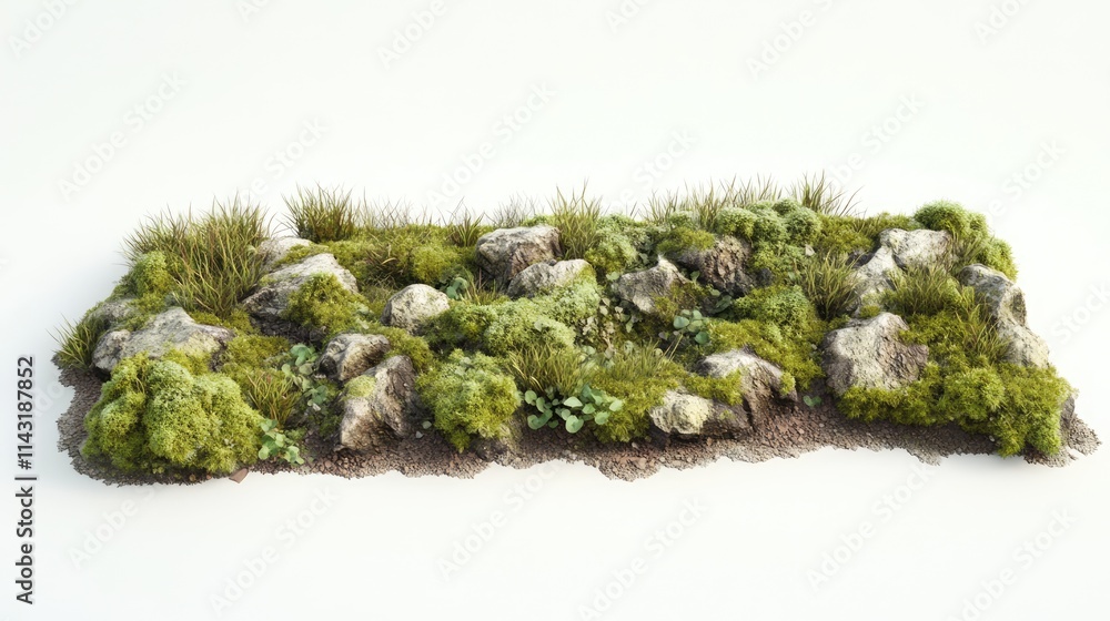 Lush green moss and grass clumps covering rocky terrain with vibrant textures ideal for natural landscape designs and environmental projects Lush green moss and grass clumps covering rocky terrain with vibrant textures ideal for natural landscape designs and environmental projects
