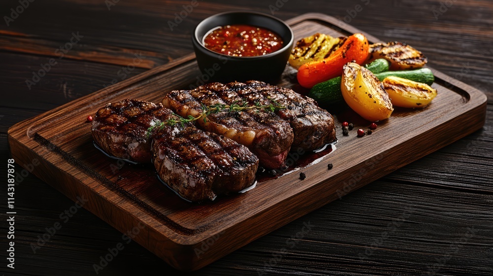 Grilled beef steak with pepper sauce and colorful vegetables served on a wooden cutting board against a dark rustic background Grilled beef steak with pepper sauce and colorful vegetables served on a wooden cutting board against a dark rustic background