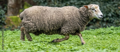 Close up of a sheep grazing peacefully in a lush green setting surrounded by low plants showcasing its gentle nature and approachability photo