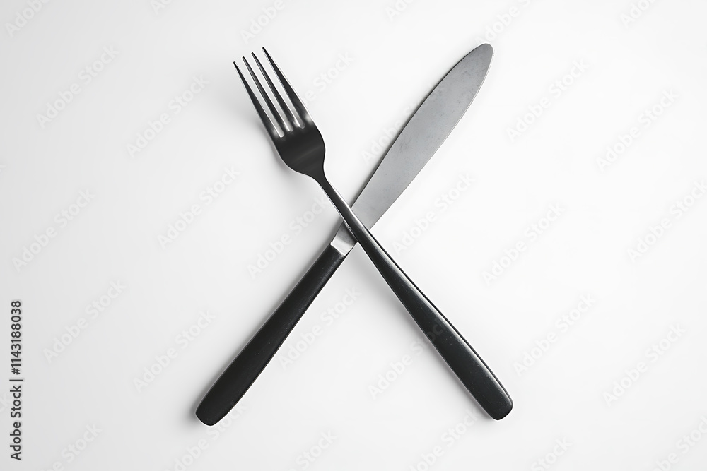 Crossed knife and fork on white