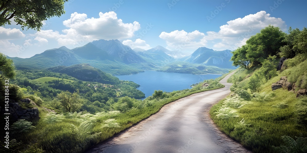 Fototapeta premium Winding road leads to scenic mountain lake view.