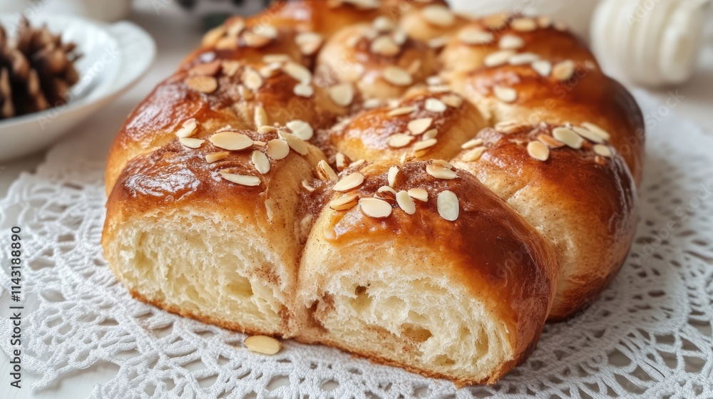 Almond topped cinnamon rolls freshly baked and displayed on a delicate lace doily set on a rustic table for a cozy home atmosphere Almond topped cinnamon rolls freshly baked and displayed on a delicate lace doily set on a rustic table for a cozy home atmosphere