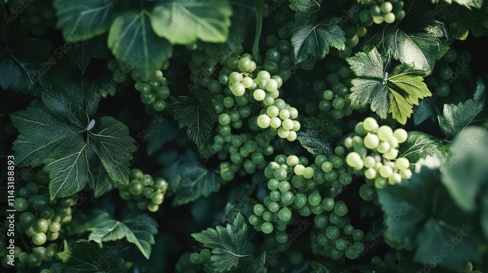 Vibrant clusters of green grapes nestled among lush garden foliage in a serene natural setting. Vibrant clusters of green grapes nestled among lush garden foliage in a serene natural setting.
