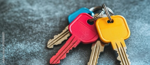 Colorful keys on a stylish keychain symbolizing home security and organization on a textured background photo