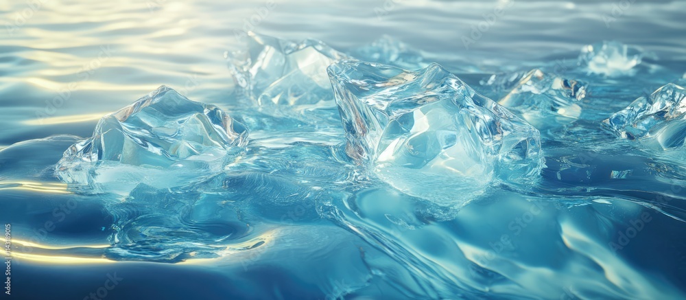 Crystal clear sea water with ice cubes reflecting light in serene aquatic environment for tranquil nature-inspired themes. Crystal clear sea water with ice cubes reflecting light in serene aquatic environment for tranquil nature-inspired themes.