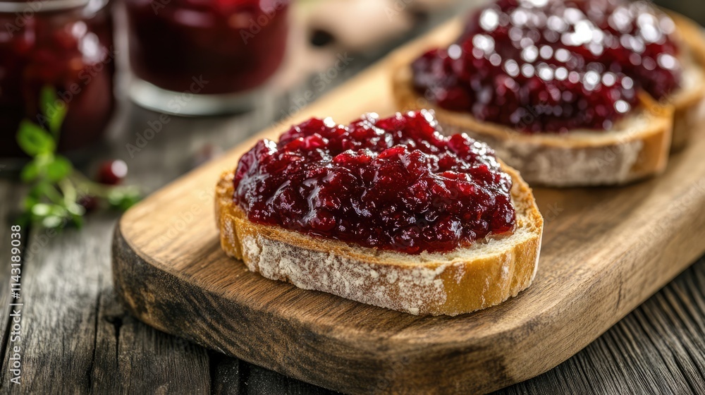 Chutney spread on rustic bread slices served on a wooden board with jars in the background Chutney spread on rustic bread slices served on a wooden board with jars in the background