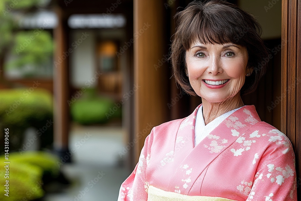 Elegant and mature Asian woman in a traditional kimono stands outdoors, wearing a gentle smile..A gracefully poised Asian female dons a traditional kimono and stands outside, her face adorned with a Elegant and mature Asian woman in a traditional kimono stands outdoors, wearing a gentle smile..A gracefully poised Asian female dons a traditional kimono and stands outside, her face adorned with a