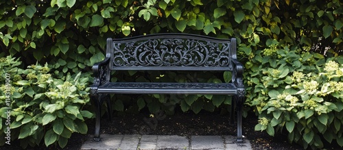 Vintage black iron bench surrounded by lush greenery enhancing an outdoor garden's elegance and charm photo