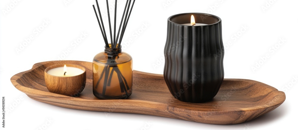 Elegant black reed diffuser and warm amber candle on a natural wooden tray enhancing home ambiance and creating a cozy atmosphere Elegant black reed diffuser and warm amber candle on a natural wooden tray enhancing home ambiance and creating a cozy atmosphere
