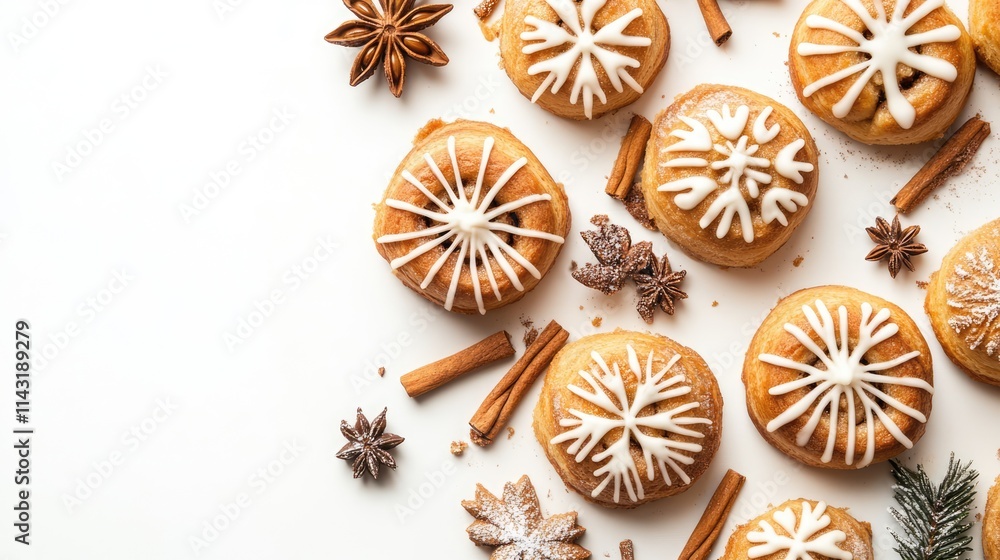 Festive cinnamon rolls with icing decorated for winter celebrations on a bright white background surrounded by spices and winter elements Festive cinnamon rolls with icing decorated for winter celebrations on a bright white background surrounded by spices and winter elements