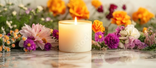 Elegant candle with vibrant flowers on polished marble table showcasing a serene and artistic floral arrangement in a close-up composition