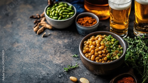 Cluster Beans Curry with Potatoes and Spices Served in Bowl with Beer and Greens on Rustic Table