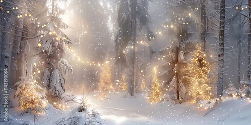 A peaceful snowy forest glade where silver and gold-colored trees shimmer under the soft light, creating a magical winter scene of tranquility and beauty in the heart of nature
