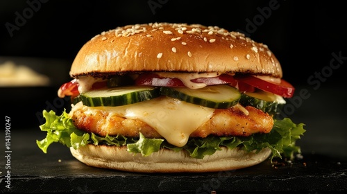 Delicious chicken fillet club sandwich with melted cheese pickles fresh vegetables and sesame seed bun on dark background photo